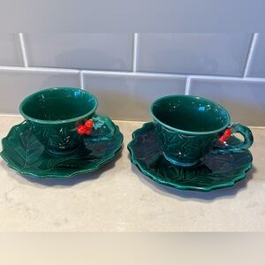 Vintage Lefton pair of Christmas holly & berry teacups & saucers